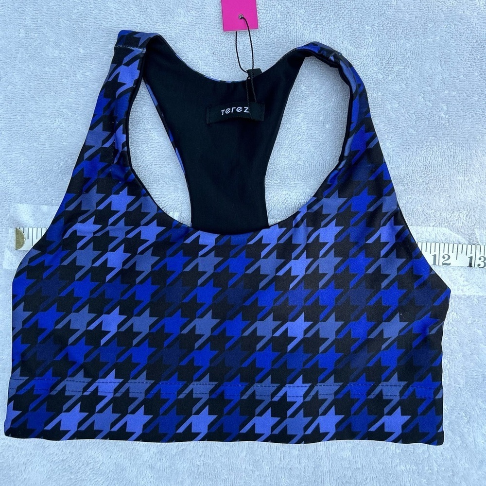 NWT Terez XS high shine sports bra blue & black stars